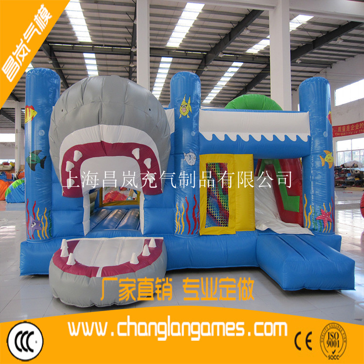 厂家直销充气大鲨鱼卡通跳床滑梯娱乐城组合出口气模定做 inflatable bouncer