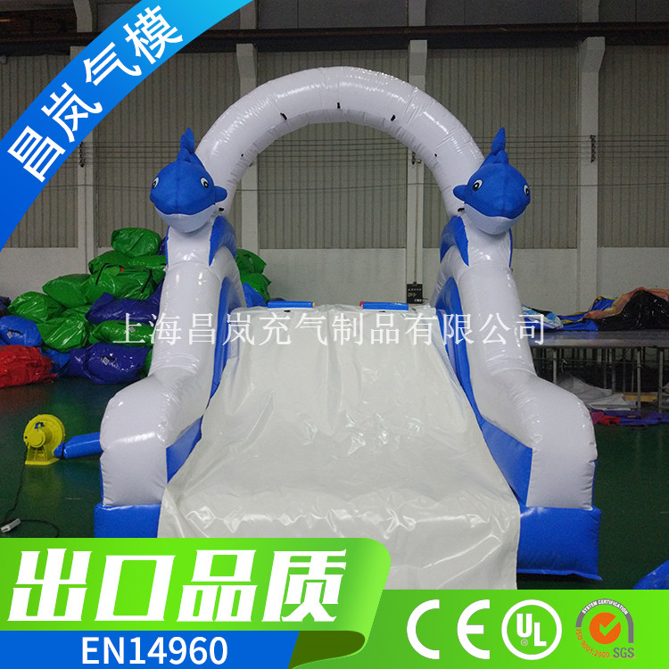 厂家定做 小型家用充气水滑梯 固定水管充气水滑梯 蓝色小海豚充气滑滑梯配水池 韩国风格充气水滑梯