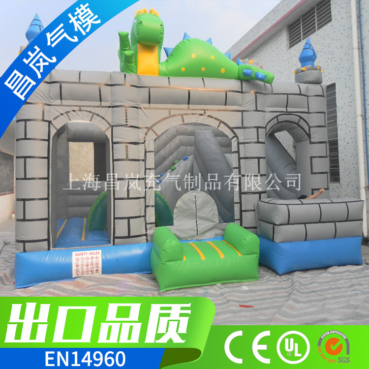 厂家直销 绿色小恐龙充气跳床 充气城堡灰色跳床砖瓦色儿童跳床滑梯组合 恐龙蹦床城堡出口